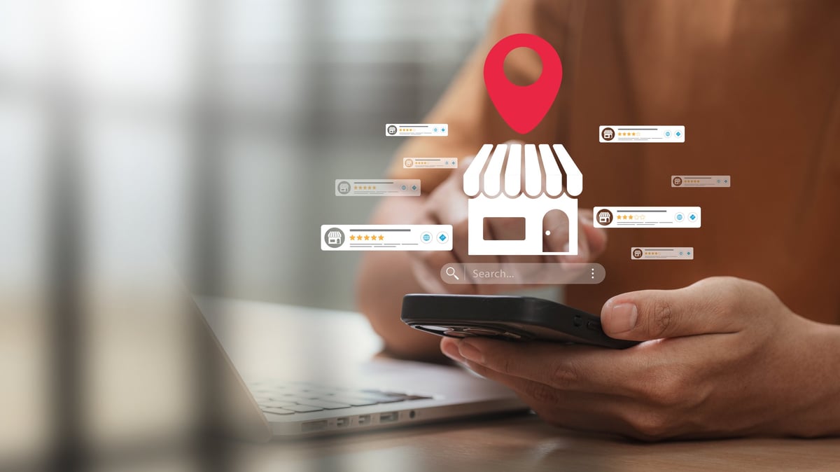 Local business search and SEO strategy with customer review rating, storefront icon, and smartphone interaction showing online reputation management