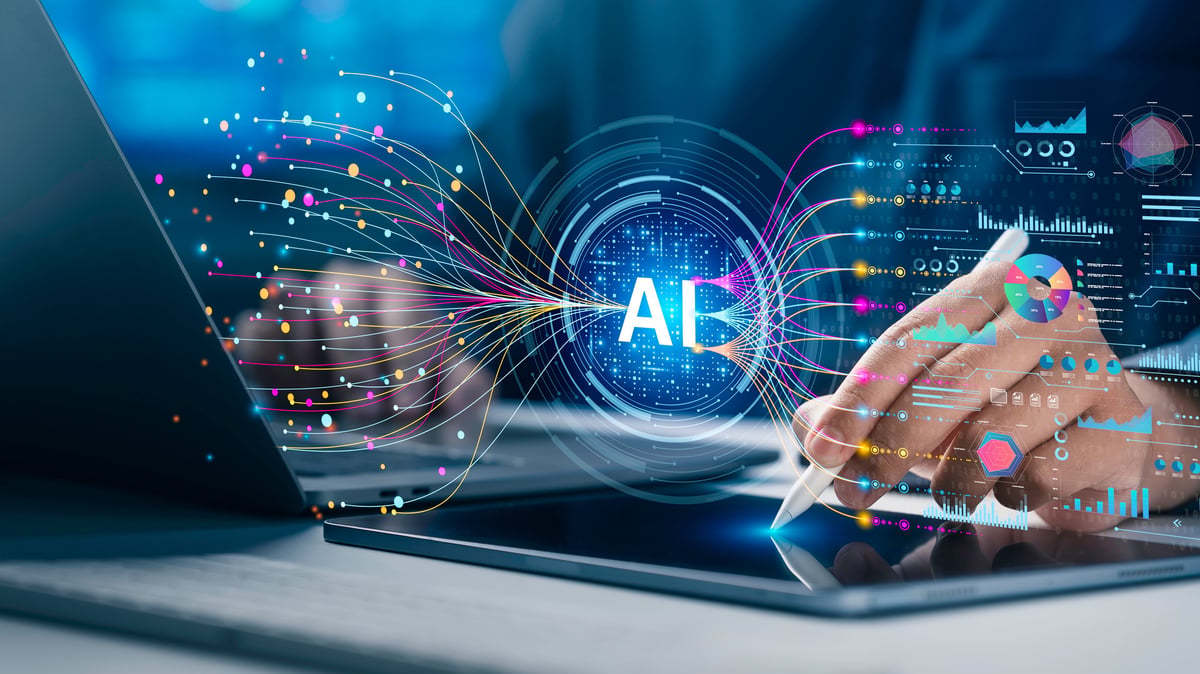 AI-powered data analytics and search technology concept showing machine learning automation and business analytics