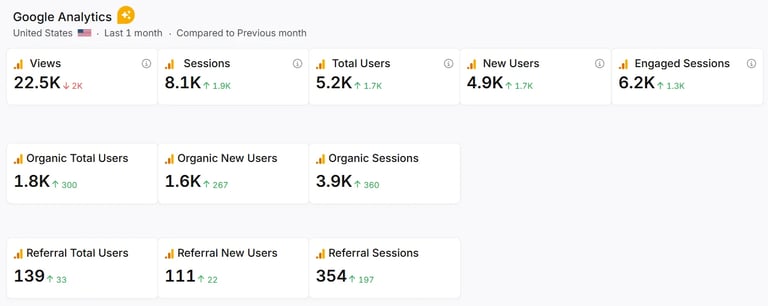 Google Analytics dashboard showing metrics for last 1 month including views, sessions, users, organic traffic, and referral data with percentage changes.