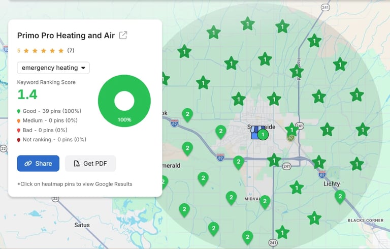 Google Maps showing Primo Pro Heating and Air customer reviews, ratings, and service locations marked with green stars