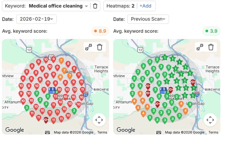 Heat maps comparing medical office cleaning search results across two time periods with keyword scores 8.9 and 3.9